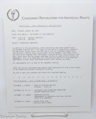 Cat.No: 339017 Concerned Republicans for Individual Rights handbill Notice of August Meeting