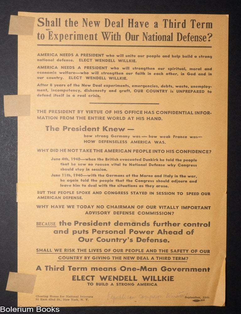 Cat.No: 339423 Shall the New Deal have a third term to experiment with our national defense? [handbill]