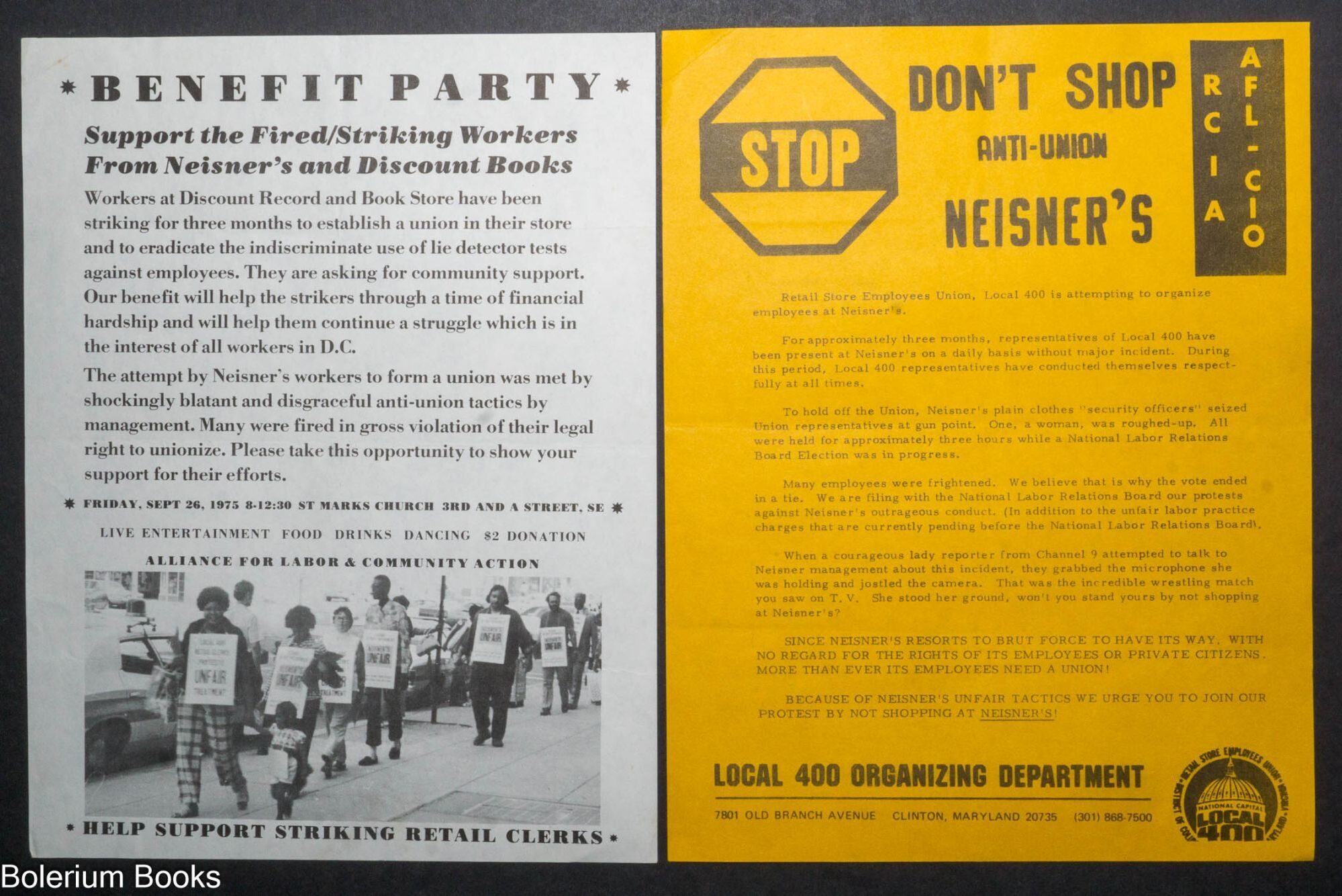 Two handbills on Neisner's and Discount Books workers on strike