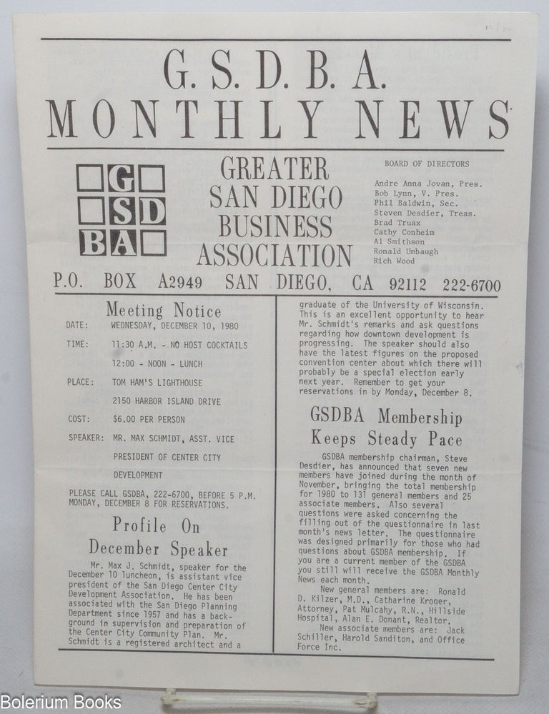 Cat.No: 339503 G.S.D.B.A. Monthly News: Greater San Diego Business Association; December...