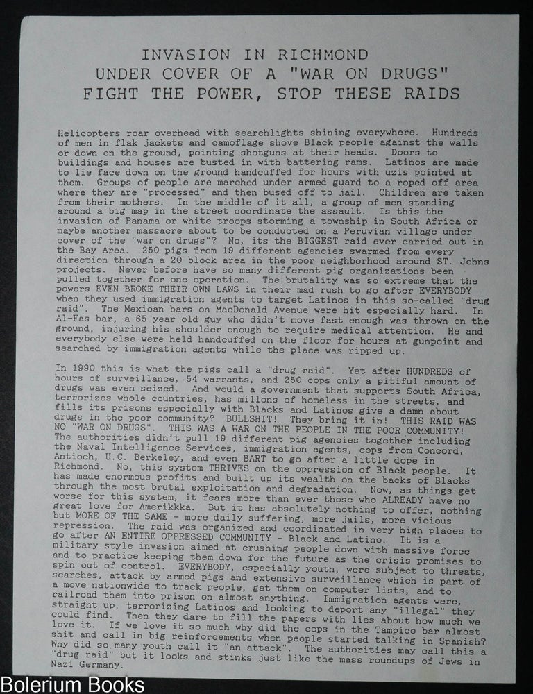 Cat.No: 339940 Invasion in Richmond under cover of a "war on Drugs" fight thepower, stop these raids [handbill]