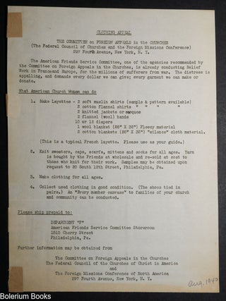 Cat.No: 340180 Clothing Appeal. The Committee on Foreign Appeals in the Churches [handbill