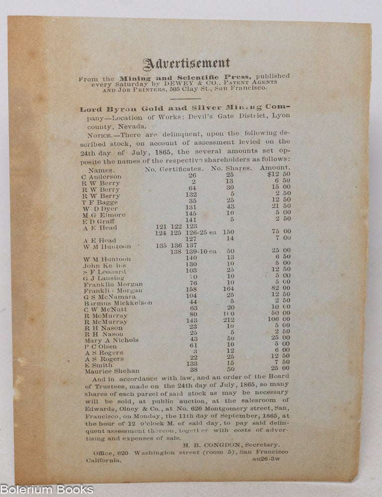 Cat.No: 340188 Advertisement From the Mining and Scientific Press &hellip; Lord Byron Gold and Silver Mining Company [handbill]