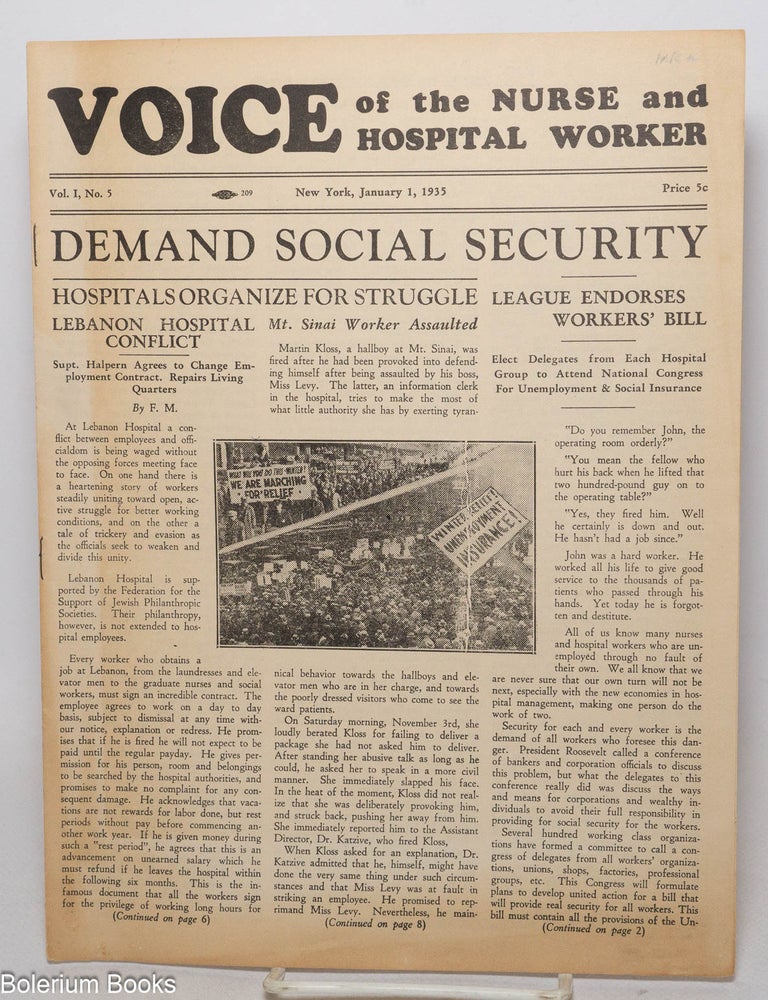 Cat.No: 340199 Voice of the Nurse and Hospital Worker. Volume 1, Number 4, October 15, 1934