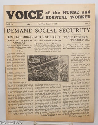 Cat.No: 340199 Voice of the Nurse and Hospital Worker. Volume 1, Number 4, October 15, 1934