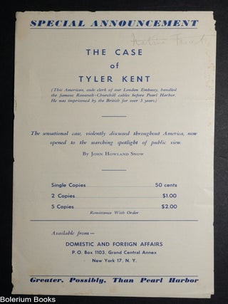 Cat.No: 340200 Special Announcement. The Case of Tyler Kent [advertisement