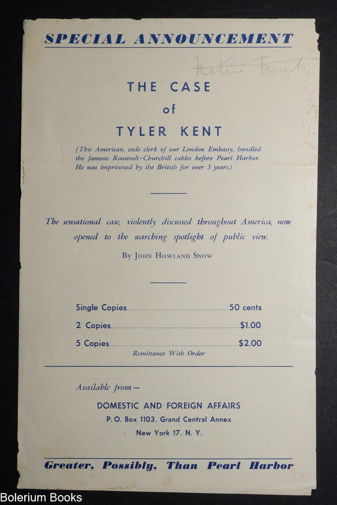 Cat.No: 340200 Special Announcement. The Case of Tyler Kent [advertisement
