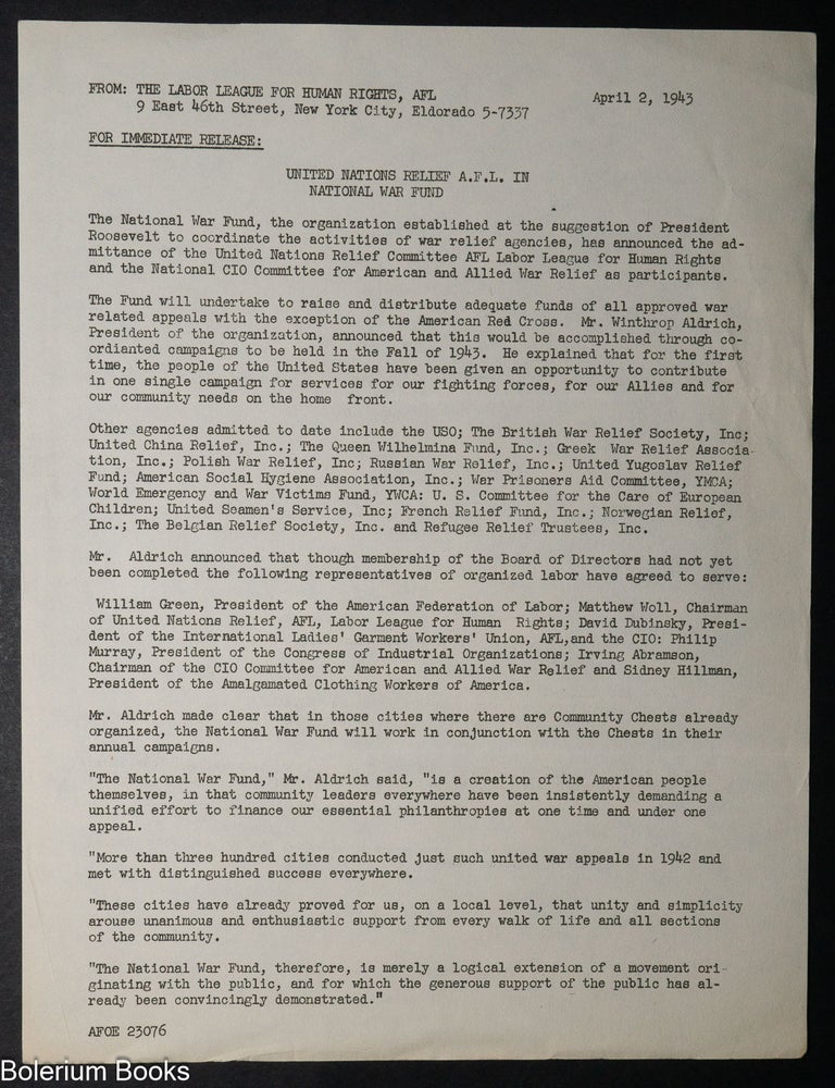 Cat.No: 340203 For Immediate Release: United Nations Relief A.F.L. in National War Fund. April 2, 1943