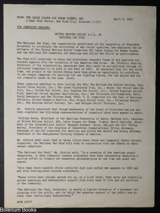 Cat.No: 340203 For Immediate Release: United Nations Relief A.F.L. in National War Fund....