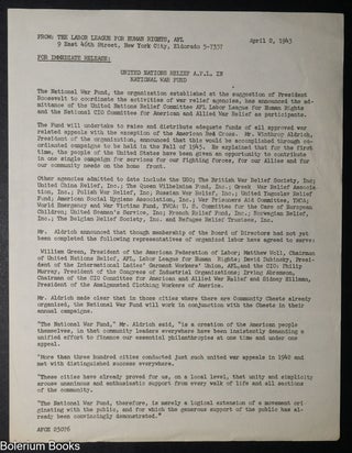 Cat.No: 340203 For Immediate Release: United Nations Relief A.F.L. in National War Fund....