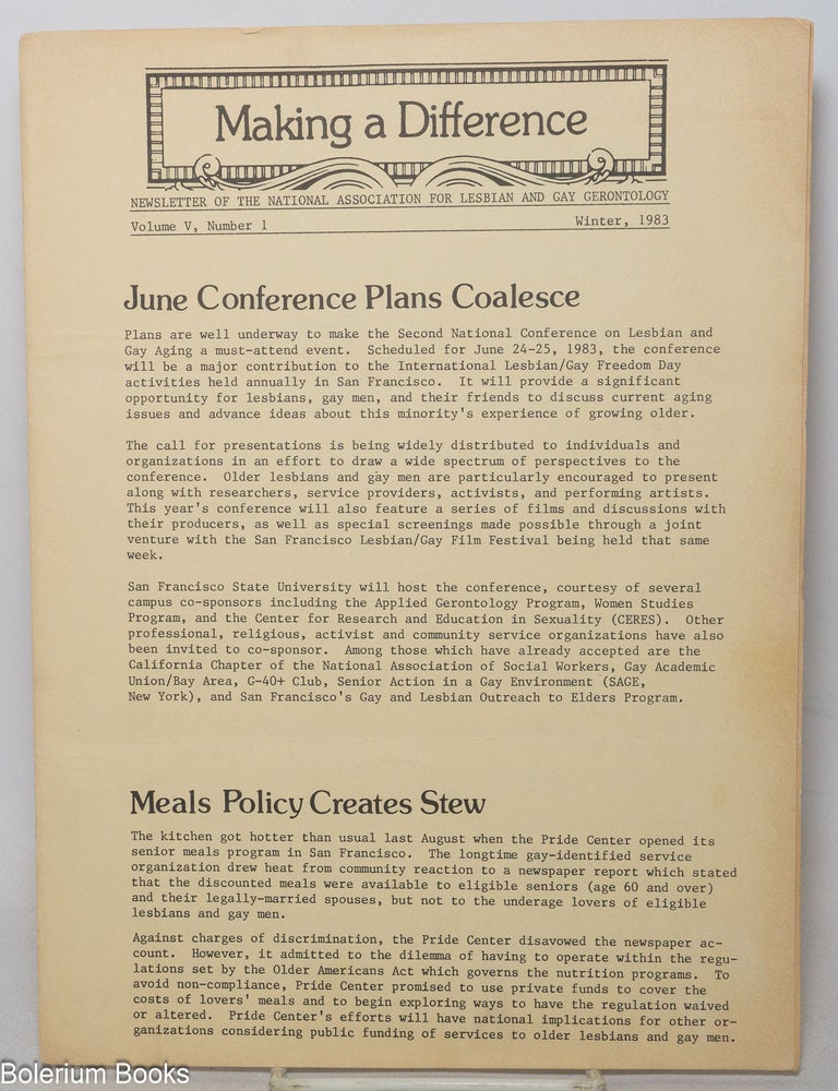 Cat.No: 340644 Making a Difference: newsletter; vol. 5, #1, Winter 1983. Donald Catalano, Lee Greever, Bill Valentine.
