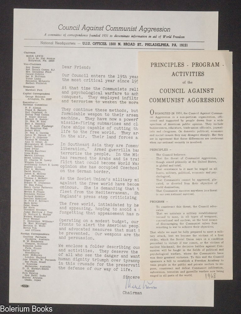 Cat.No: 341378 Principles, Program, Activities of the Council Against Communist Aggression