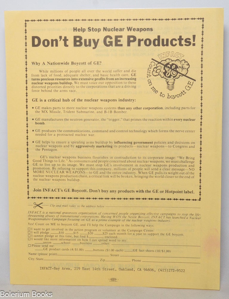 Cat.No: 341669 Don't buy GE products! Help stop nuclear weapons [handbill]