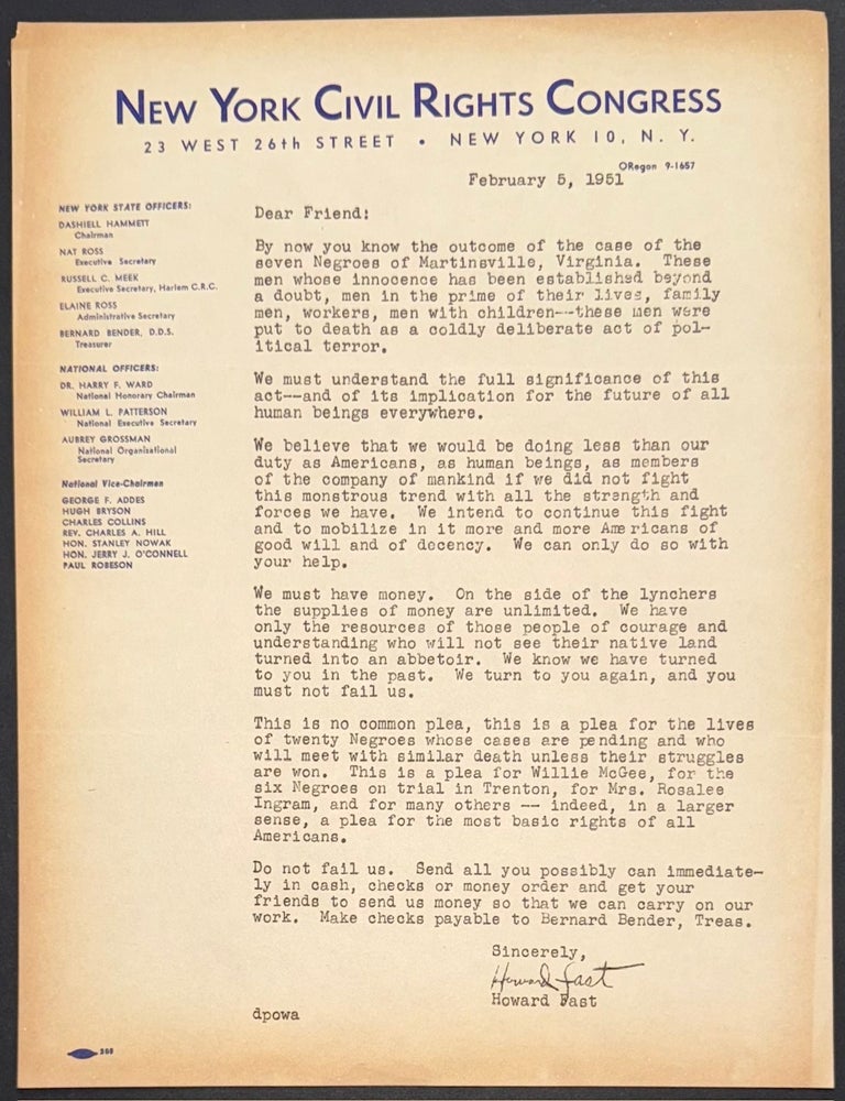 Fundraising letter on behalf of the New York Civil Rights Congress ...