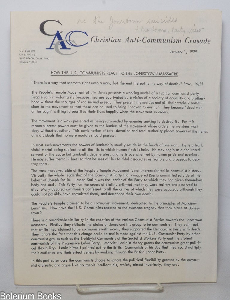 Cat.No: 342337 How the U.S. Communists React to the Jonestown Massacre