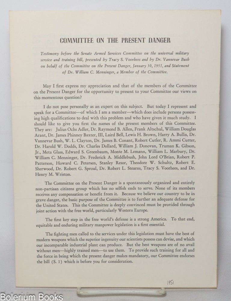 Cat.No: 342595 Committee on the Present Danger: Testimony before the Senate Armed