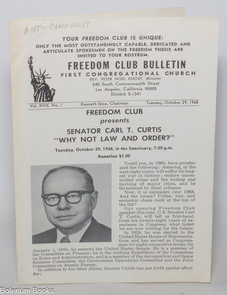 Cat.No: 342704 Freedom Club Bulletin Volume [16?], Number 1. October 29, 1968