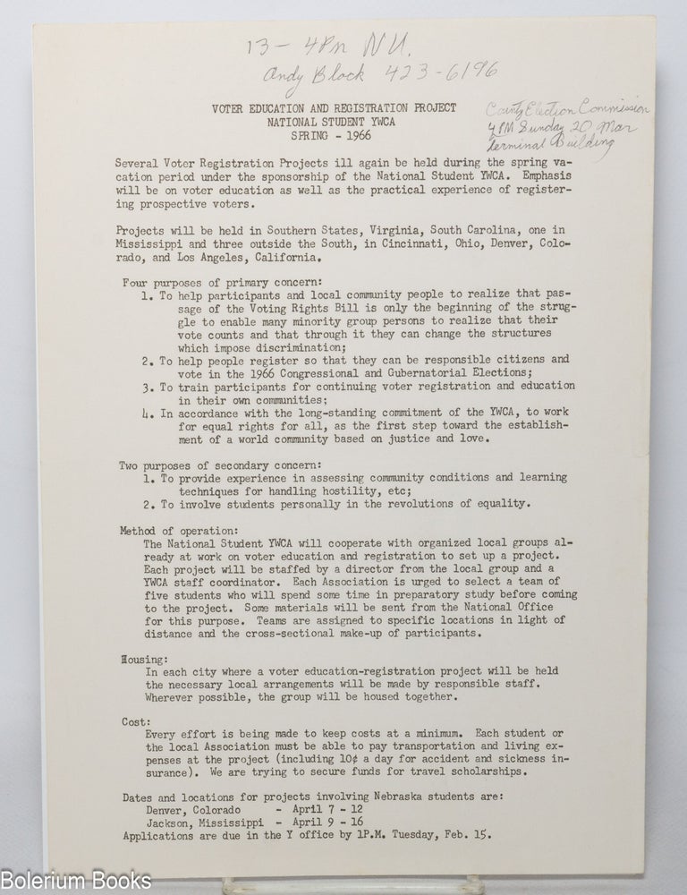 Cat.No: 342973 Voter Education and Registration Project. National Student YMCA. Spring - 1966 [handbill]