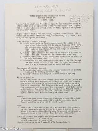 Cat.No: 342973 Voter Education and Registration Project. National Student YMCA. Spring -...