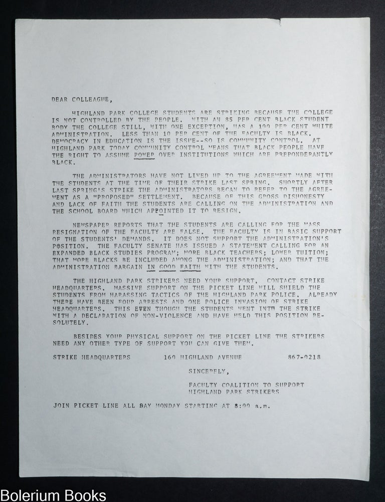 Cat.No: 343018 [Faculty Coalition to Support Highland Park College Students strike handbill