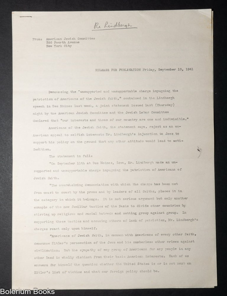 Cat.No: 343104 American Jewish Committee and Jewish Labor joint press release on anti-Jewish comments made by Charles Lindbergh, 19 September 1941.