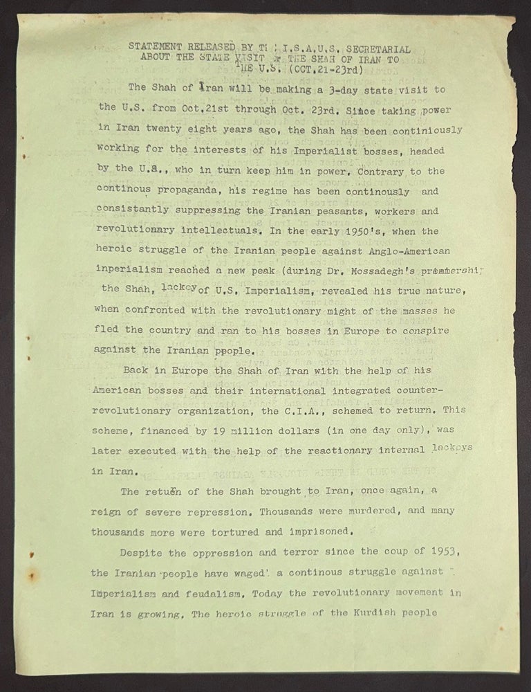 Cat.No: 344838 Statement released by the ISAUS Secretarial about the state visit of the Shah of Iran to the US (Oct. 21-23rd) [handbill]