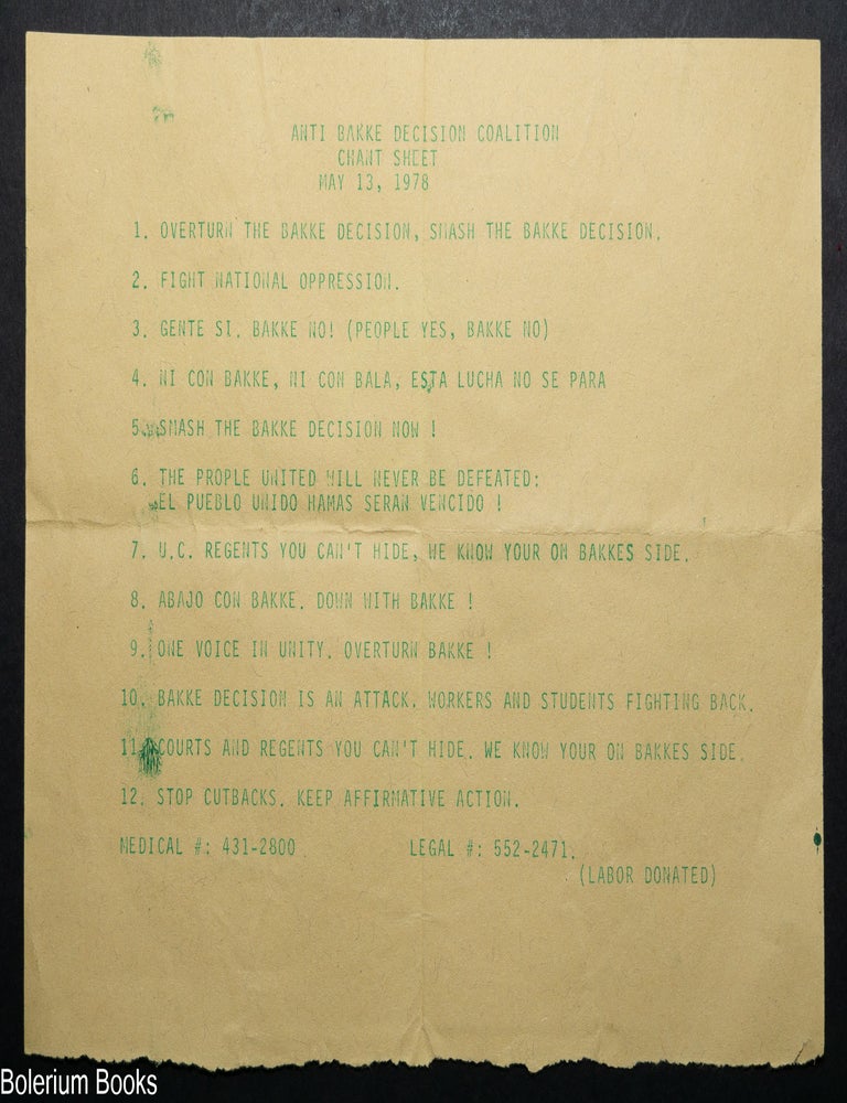 Cat.No: 344882 Anti-Bakke Decision Coalition Chant Sheet (May 13, 1978