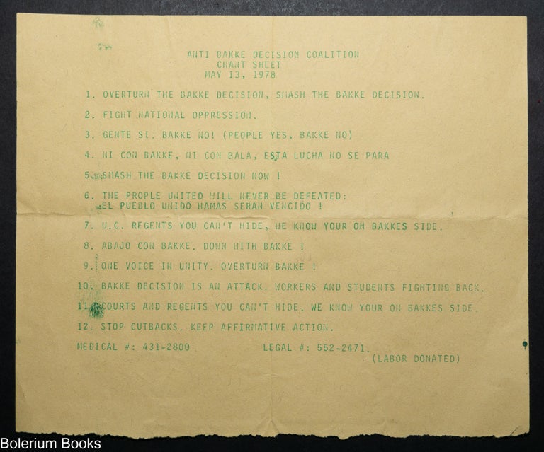 Cat.No: 344882 Anti-Bakke Decision Coalition Chant Sheet (May 13, 1978