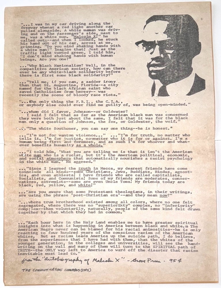 Cat.No: 345153 "... I was in my car driving along the freeway..." [handbill]. Malcolm X.