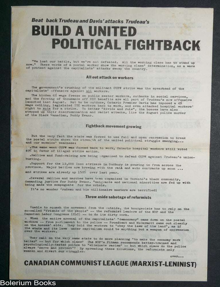 Cat.No: 345176 Beat back Trudeau and Davis' attacks Trudeau's (sic) / Build a united political fightback [handbill]