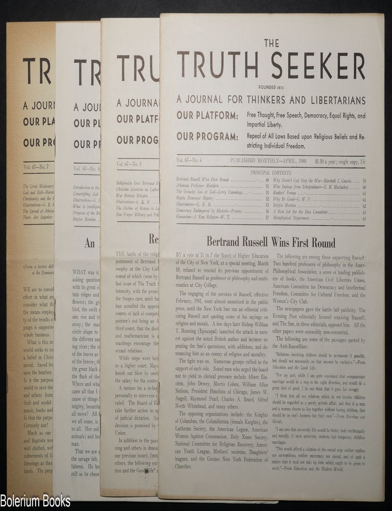 Cat.No: 345801 The Truth Seeker. A Journal for Thinkers and Libertarians. Volume 67, Numbers 4-7. April-July 1940.