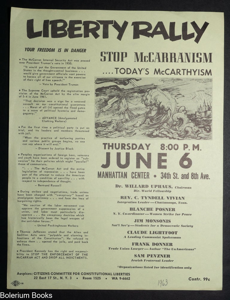 Cat.No: 345815 Liberty Rally. Stop McCarranism&hellip; today&rsquo;s McCarthyism. Thursday 8:00 P.M. June 6. [handbill]