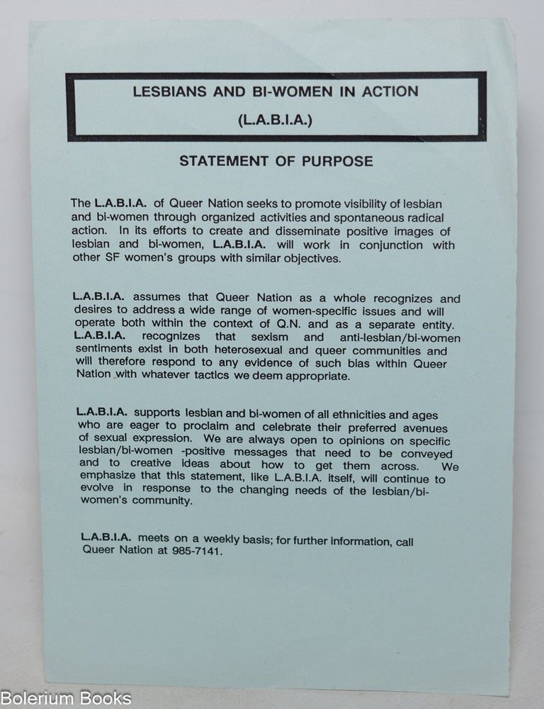 Cat.No: 346577 Lesbians and Bi-women in Action (L.A.B.I.A.) Statement of purpose [leaflet