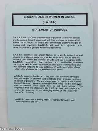 Cat.No: 346577 Lesbians and Bi-women in Action (L.A.B.I.A.) Statement of purpose [leaflet