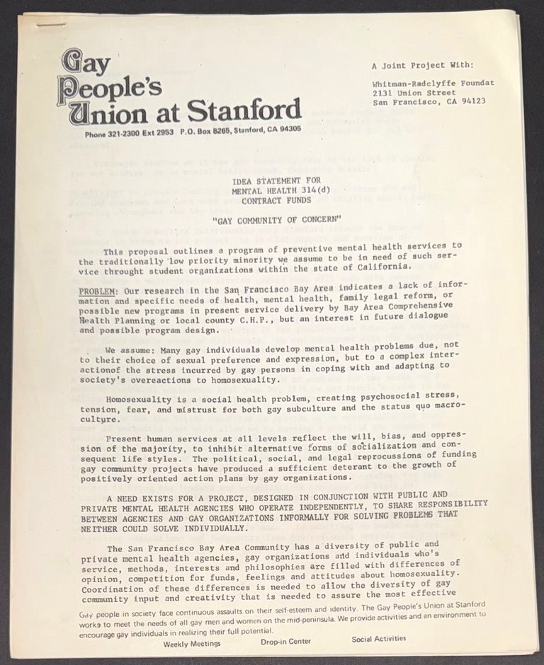 Cat.No: 346716 Idea statement for Mental Health 314(d) contract funds: "Gay Community