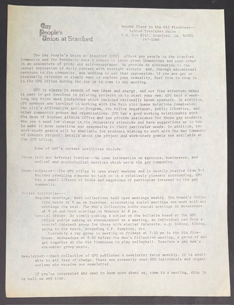 Cat.No: 346717 Gay People's Union at Stanford [introductory handbill