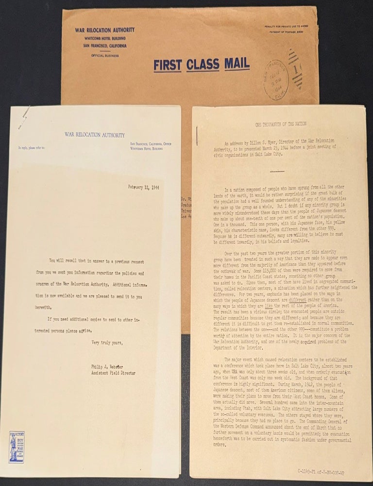Cat.No: 347629 [Four items related to Japanese Internment, with cover letter, in