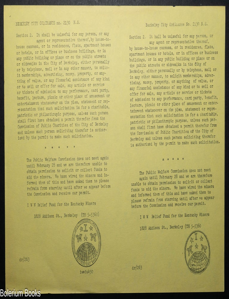 Cat.No: 348110 IWW Relief Fund for the Kentucky Miners [handbill]