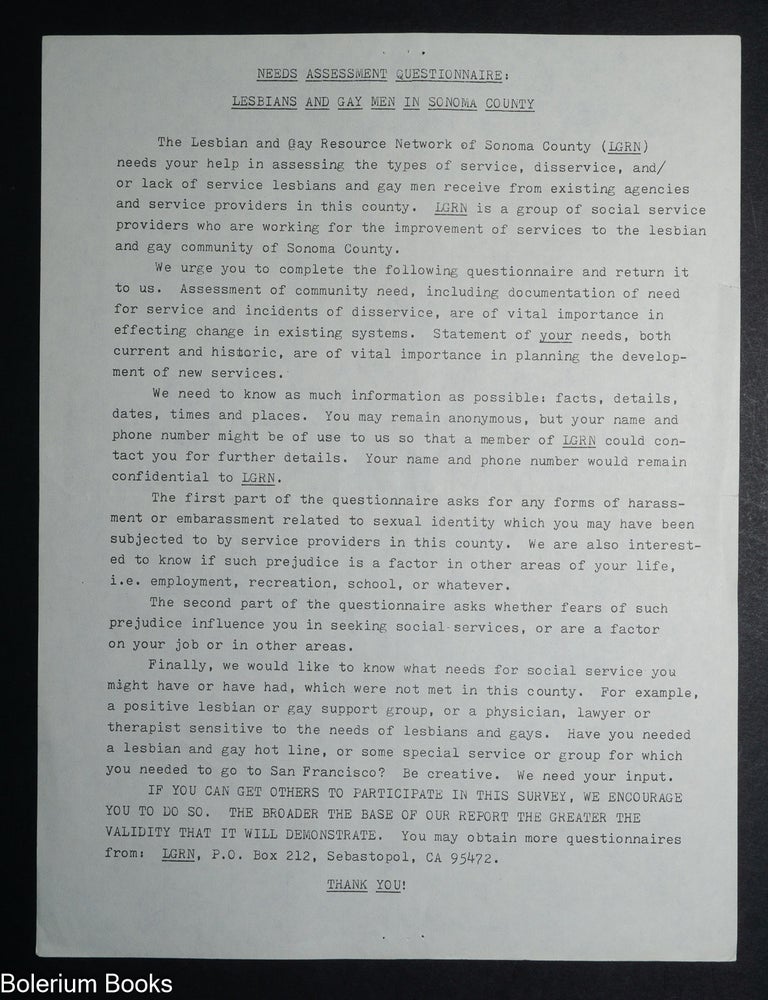 Cat.No: 348271 Needs Assessment Questionnaire: Lesbians and Gay Men In Sonoma County [handbill]