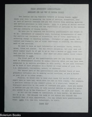 Cat.No: 348271 Needs Assessment Questionnaire: Lesbians and Gay Men In Sonoma County...