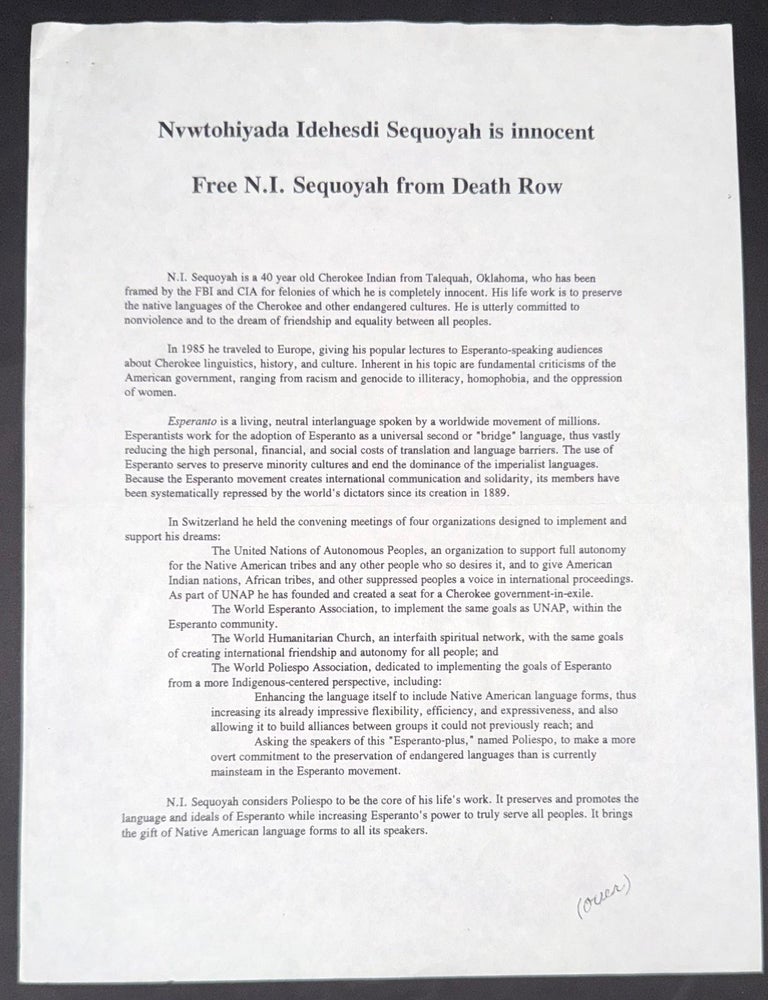 Cat.No: 348426 Nvwtohiyada Idehesdi Sequoyah is innocent. Free N.I. Sequoyah from Death Row [handbill]