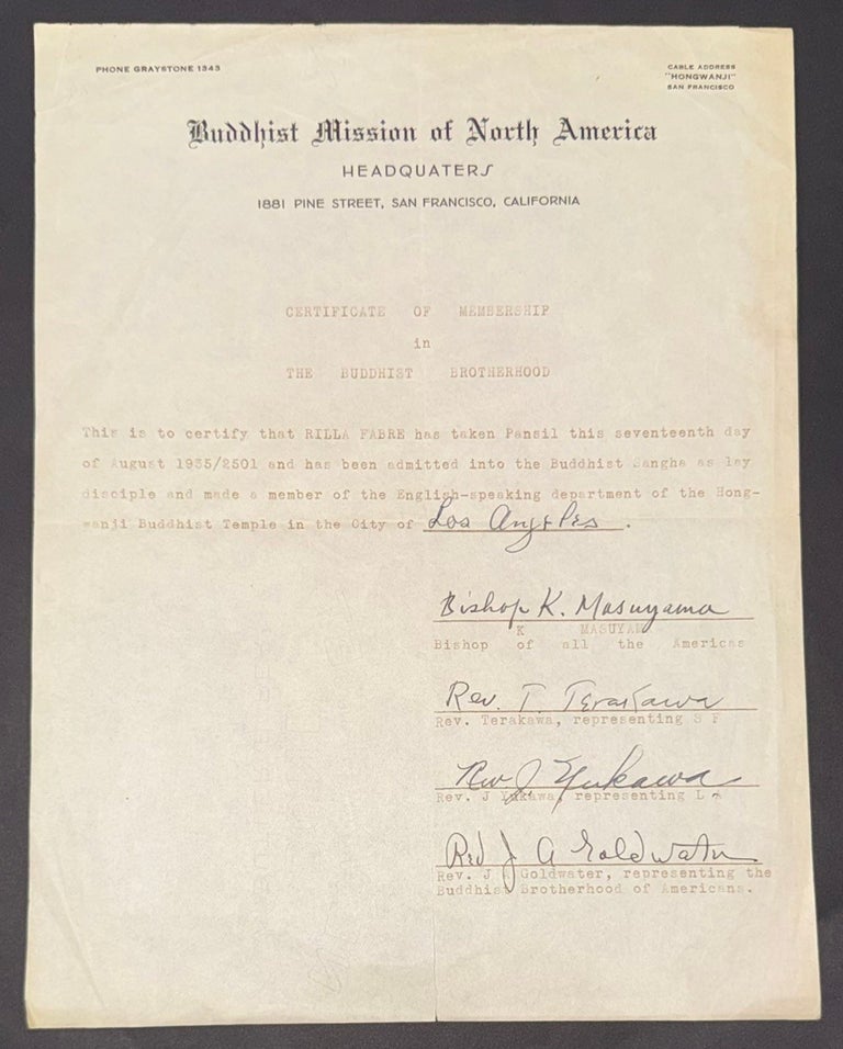 Cat.No: 348441 Certificate of Membership in The Buddhist Brotherhood