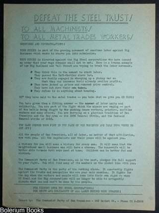 Cat.No: 348489 Defeat the Steel Trust! To All Machinists! To All Metal Trades Workers!