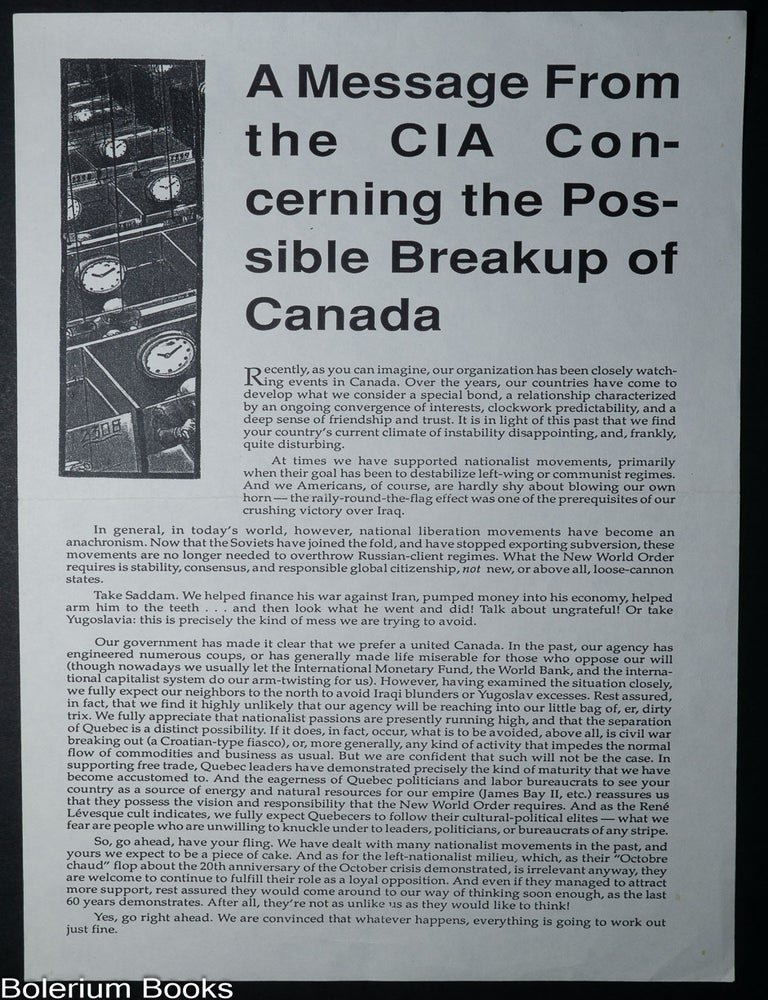 Cat.No: 348570 A Message From the CIA Concerning the Possible Breakup of Canada [handbill]