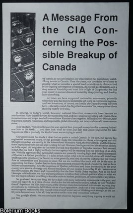 Cat.No: 348570 A Message From the CIA Concerning the Possible Breakup of Canada [handbill