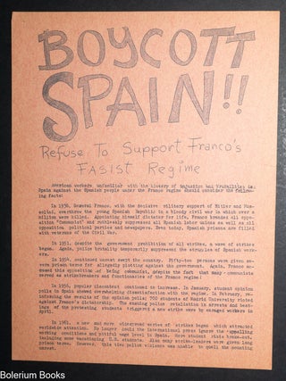 Cat.No: 348663 Boycott Spain!! Refuse to Support Franco's Fasist [sic] Regime [handbill