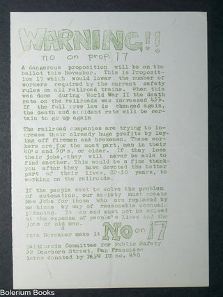 Cat.No: 348691 Warning!! No On Prop. 17 [handbill