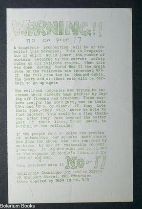 Cat.No: 348691 Warning!! No On Prop. 17 [handbill