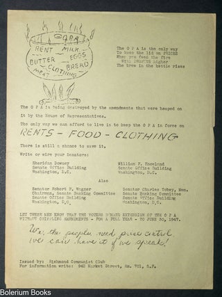 Rents &ndash; Food &ndash; Clothing / We the people need price control we can have it if we speak! [handbill