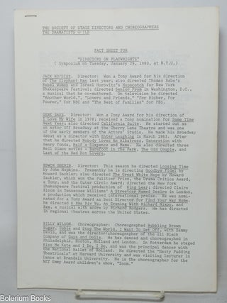 Fact Sheet for "Directors On Playwrights" (symposium on Tuesday, January 29, 1980, at NYU